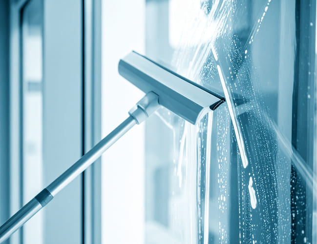 Ein Fensterwischer reinigt gerade eine große Glasfläche und hinterlässt sie streifenfrei und klar